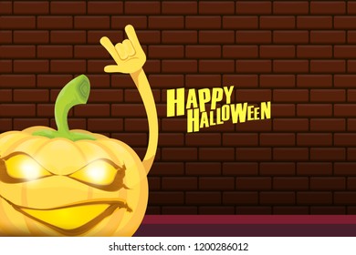 vector halloween funky rock n roll style cartoon carved pumpkin character isolated on brick wall horizontal banner background with space gor text . Happy halloween party concept poster