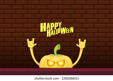 vector halloween funky rock n roll style cartoon carved pumpkin character isolated on brick wall horizontal banner background with space gor text . Happy halloween party concept poster