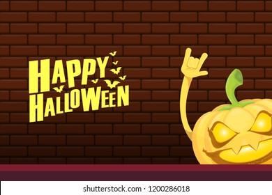 vector halloween funky rock n roll style cartoon carved pumpkin character isolated on brick wall horizontal banner background with space gor text . Happy halloween party concept poster