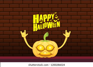 vector halloween funky rock n roll style cartoon carved pumpkin character isolated on brick wall horizontal banner background with space gor text . Happy halloween party concept poster