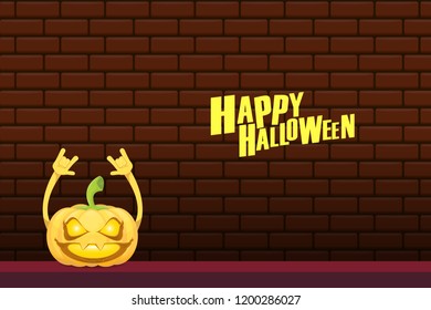 vector halloween funky rock n roll style cartoon carved pumpkin character isolated on brick wall horizontal banner background with space gor text . Happy halloween party concept poster