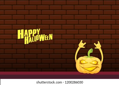 vector halloween funky rock n roll style cartoon carved pumpkin character isolated on brick wall horizontal banner background with space gor text . Happy halloween party concept poster