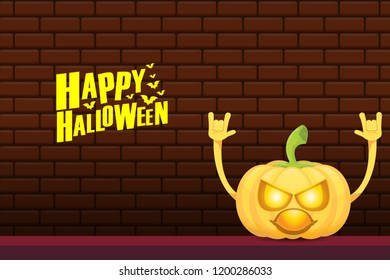 vector halloween funky rock n roll style cartoon carved pumpkin character isolated on brick wall horizontal banner background with space gor text . Happy halloween party concept poster