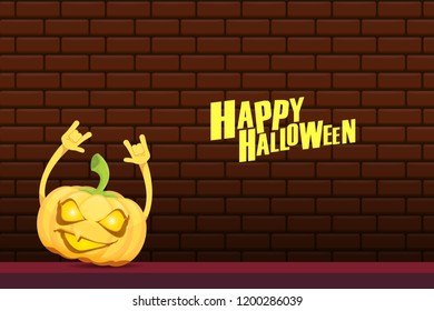 vector halloween funky rock n roll style cartoon carved pumpkin character isolated on brick wall horizontal banner background with space gor text . Happy halloween party concept poster