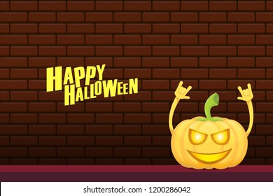 vector halloween funky rock n roll style cartoon carved pumpkin character isolated on brick wall horizontal banner background with space gor text . Happy halloween party concept poster