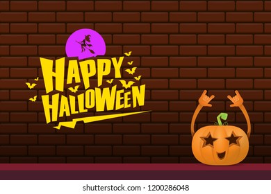 vector halloween funky rock n roll style cartoon carved pumpkin character isolated on brick wall horizontal banner background with space gor text . Happy halloween party concept poster