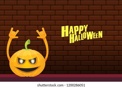 vector halloween funky rock n roll style cartoon carved pumpkin character isolated on brick wall horizontal banner background with space gor text . Happy halloween party concept poster