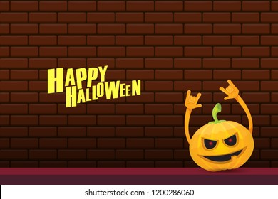 vector halloween funky rock n roll style cartoon carved pumpkin character isolated on brick wall horizontal banner background with space gor text . Happy halloween party concept poster