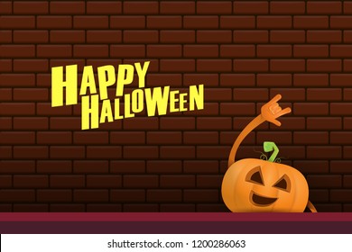 vector halloween funky rock n roll style cartoon carved pumpkin character isolated on brick wall horizontal banner background with space gor text . Happy halloween party concept poster