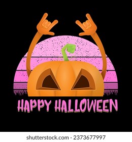 vector halloween funky rock n roll style cartoon carved pumpkin character isolated on sunset background. Happy halloween party concept poster