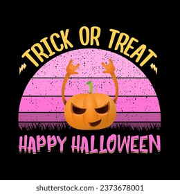 vector halloween funky rock n roll style cartoon carved pumpkin character isolated on sunset background. Happy halloween party concept poster