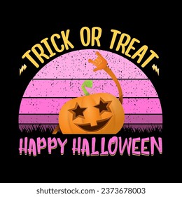 vector halloween funky rock n roll style cartoon carved pumpkin character isolated on sunset background. Happy halloween party concept poster