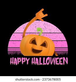 vector halloween funky rock n roll style cartoon carved pumpkin character isolated on sunset background. Happy halloween party concept poster