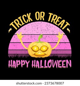 vector halloween funky rock n roll style cartoon carved pumpkin character isolated on sunset background. Happy halloween party concept poster