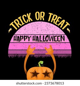 vector halloween funky rock n roll style cartoon carved pumpkin character isolated on sunset background. Happy halloween party concept poster