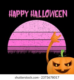 vector halloween funky rock n roll style cartoon carved pumpkin character isolated on sunset background. Happy halloween party concept poster