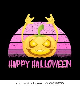 vector halloween funky rock n roll style cartoon carved pumpkin character isolated on sunset background. Happy halloween party concept poster