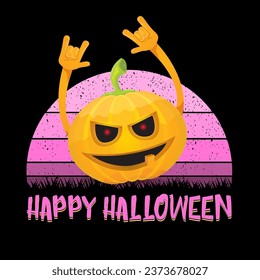 vector halloween funky rock n roll style cartoon carved pumpkin character isolated on sunset background. Happy halloween party concept poster