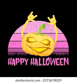 vector halloween funky rock n roll style cartoon carved pumpkin character isolated on sunset background. Happy halloween party concept poster