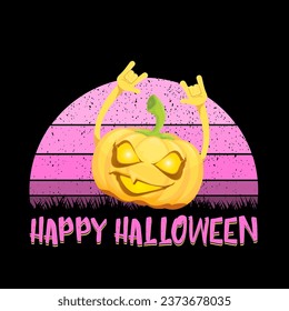 vector halloween funky rock n roll style cartoon carved pumpkin character isolated on sunset background. Happy halloween party concept poster