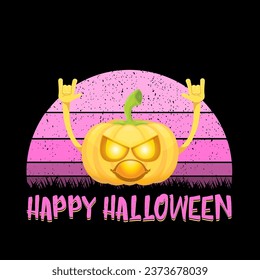 vector halloween funky rock n roll style cartoon carved pumpkin character isolated on sunset background. Happy halloween party concept poster