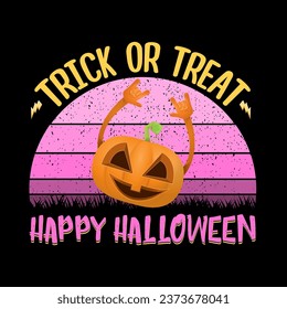 vector halloween funky rock n roll style cartoon carved pumpkin character isolated on sunset background. Happy halloween party concept poster