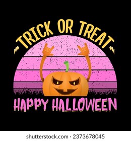 vector halloween funky rock n roll style cartoon carved pumpkin character isolated on sunset background. Happy halloween party concept poster