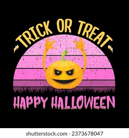vector halloween funky rock n roll style cartoon carved pumpkin character isolated on sunset background. Happy halloween party concept poster