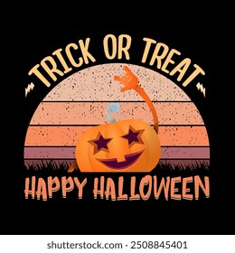 vector Halloween funky rock n roll style cartoon carved pumpkin character isolated on vintage sunset background. Happy halloween party concept poster, banner, flyer, cover and card