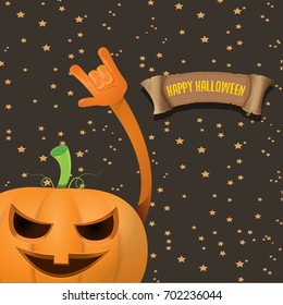vector halloween funky rock n roll pumpkin character and vintage ribbon with text happy halloween on stars background. Happy halloween rock party concept poster or background