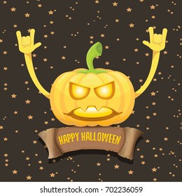 vector halloween funky rock n roll pumpkin character and vintage ribbon with text happy halloween on stars background. Happy halloween rock party concept poster or background