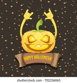 vector halloween funky rock n roll pumpkin character and vintage ribbon with text happy halloween on stars background. Happy halloween rock party concept poster or background