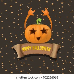 vector halloween funky rock n roll pumpkin character and vintage ribbon with text happy halloween on stars background. Happy halloween rock party concept poster or background
