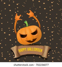 vector halloween funky rock n roll pumpkin character and vintage ribbon with text happy halloween on stars background. Happy halloween rock party concept poster or background