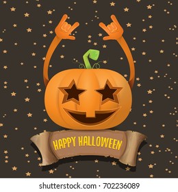 vector halloween funky rock n roll pumpkin character and vintage ribbon with text happy halloween on stars background. Happy halloween rock party concept poster or background