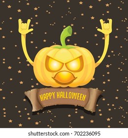vector halloween funky rock n roll pumpkin character and vintage ribbon with text happy halloween on stars background. Happy halloween rock party concept poster or background