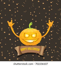 vector halloween funky rock n roll pumpkin character and vintage ribbon with text happy halloween on stars background. Happy halloween rock party concept poster or background