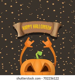 vector halloween funky rock n roll pumpkin character and vintage ribbon with text happy halloween on stars background. Happy halloween rock party concept poster or background