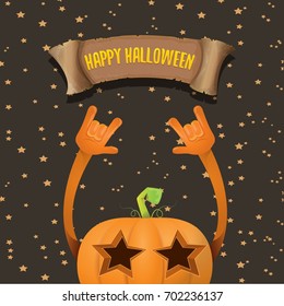 vector halloween funky rock n roll pumpkin character and vintage ribbon with text happy halloween on stars background. Happy halloween rock party concept poster or background