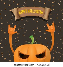 vector halloween funky rock n roll pumpkin character and vintage ribbon with text happy halloween on stars background. Happy halloween rock party concept poster or background