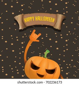 vector halloween funky rock n roll pumpkin character and vintage ribbon with text happy halloween on stars background. Happy halloween rock party concept poster or background