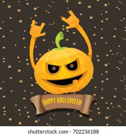 vector halloween funky rock n roll pumpkin character and vintage ribbon with text happy halloween on stars background. Happy halloween rock party concept poster or background