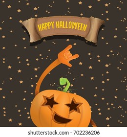vector halloween funky rock n roll pumpkin character and vintage ribbon with text happy halloween on stars background. Happy halloween rock party concept poster or background
