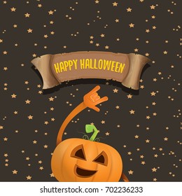 vector halloween funky rock n roll pumpkin character and vintage ribbon with text happy halloween on stars background. Happy halloween rock party concept poster or background