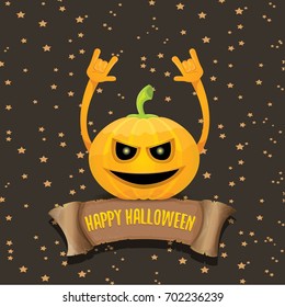 vector halloween funky rock n roll pumpkin character and vintage ribbon with text happy halloween on stars background. Happy halloween rock party concept poster or background