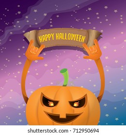 vector halloween funky rock n roll style pumpkin character and vintage ribbon with text happy halloween on stars background. Happy halloween rock party concept poster, background or greeting card