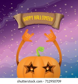 vector halloween funky rock n roll style pumpkin character and vintage ribbon with text happy halloween on stars background. Happy halloween rock party concept poster, background or greeting card