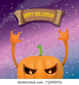 vector halloween funky rock n roll style pumpkin character and vintage ribbon with text happy halloween on stars background. Happy halloween rock party concept poster, background or greeting card