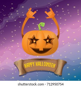 vector halloween funky rock n roll style pumpkin character and vintage ribbon with text happy halloween on stars background. Happy halloween rock party concept poster, background or greeting card