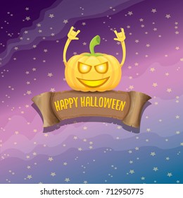 vector halloween funky rock n roll style pumpkin character and vintage ribbon with text happy halloween on stars background. Happy halloween rock party concept poster, background or greeting card
